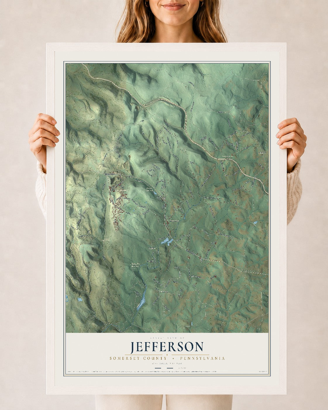 Map of Jefferson, Somerset County, Pennsylvania, 24 x 36 inch print in a white wood frame