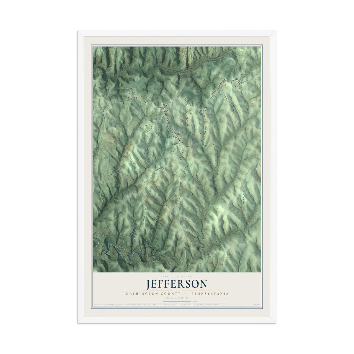 Map of Jefferson, Washington County, Pennsylvania, 12 x 18 inch print in a white wood frame