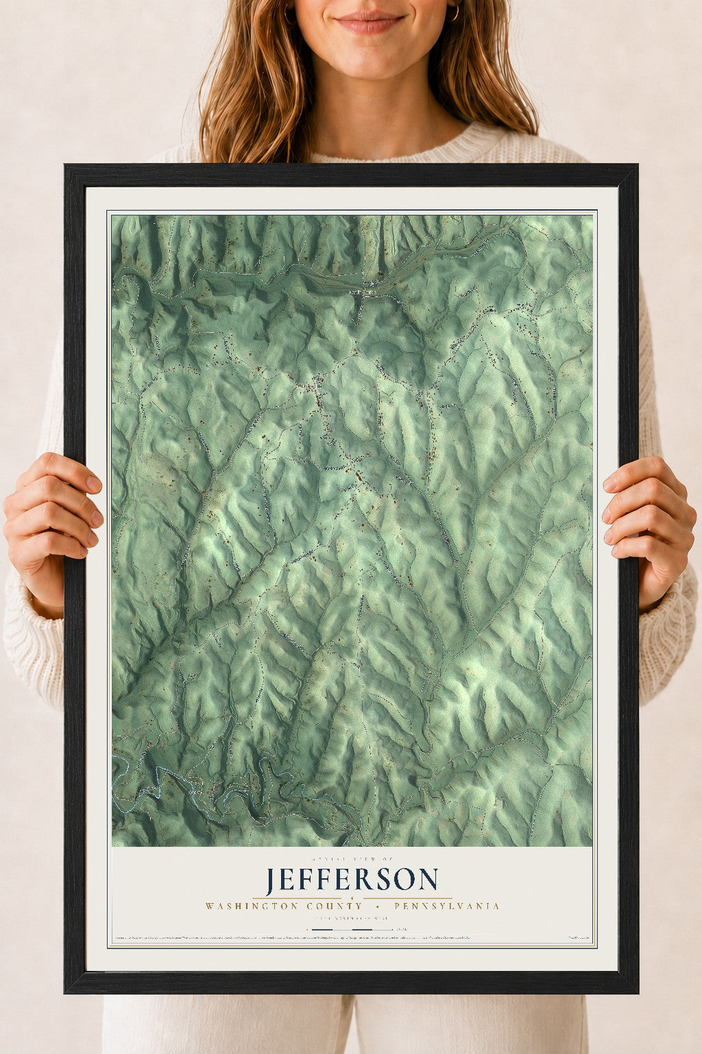 Map of Jefferson, Washington County, Pennsylvania, 18 x 24 inch print in a black wood frame