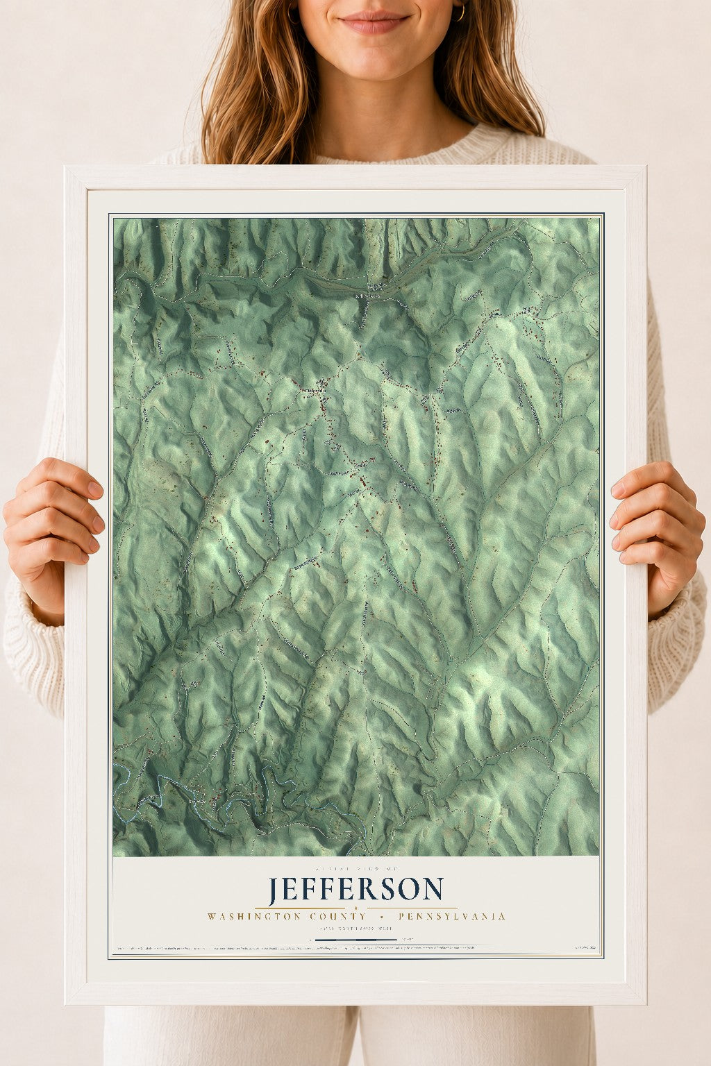 Map of Jefferson, Washington County, Pennsylvania, 18 x 24 inch print in a white wood frame