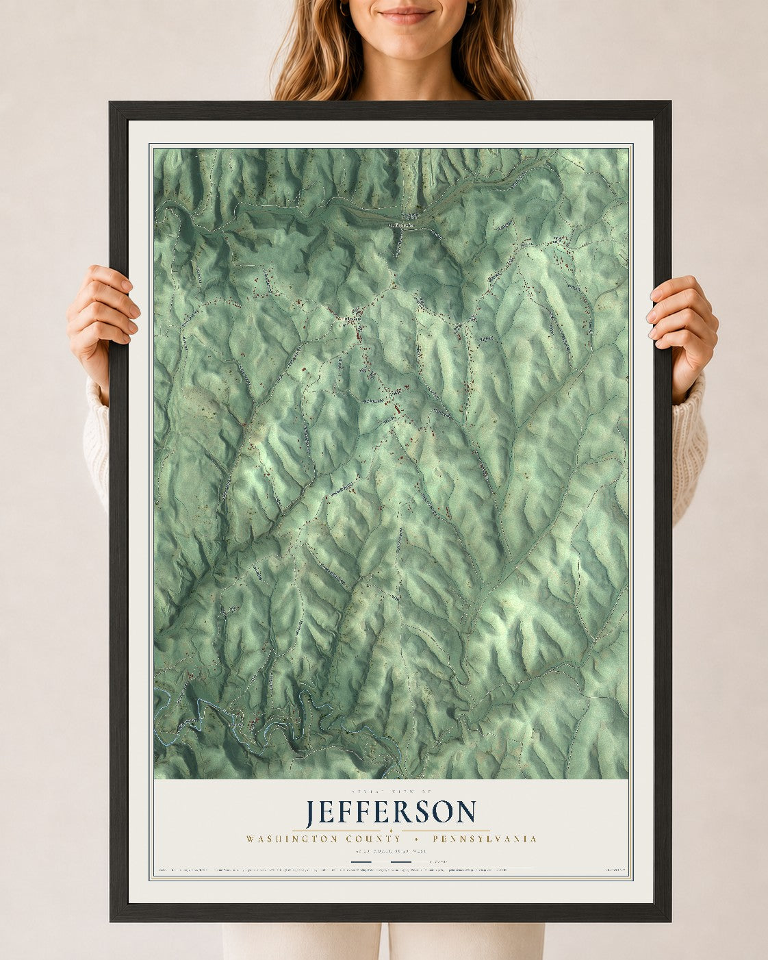 Map of Jefferson, Washington County, Pennsylvania, 24 x 36 inch print in a black wood frame