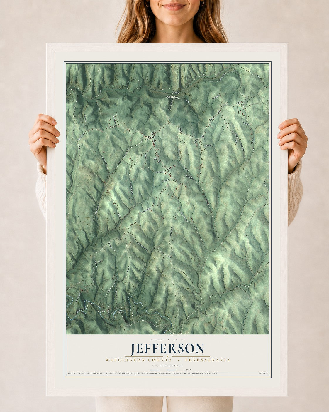Map of Jefferson, Washington County, Pennsylvania, 24 x 36 inch print in a white wood frame