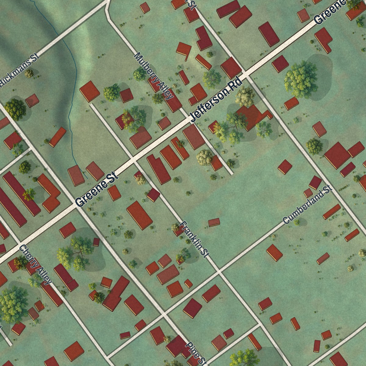 Close-up of the map of the Borough of Jefferson, Greene County, Pennsylvania print showing street and building detail