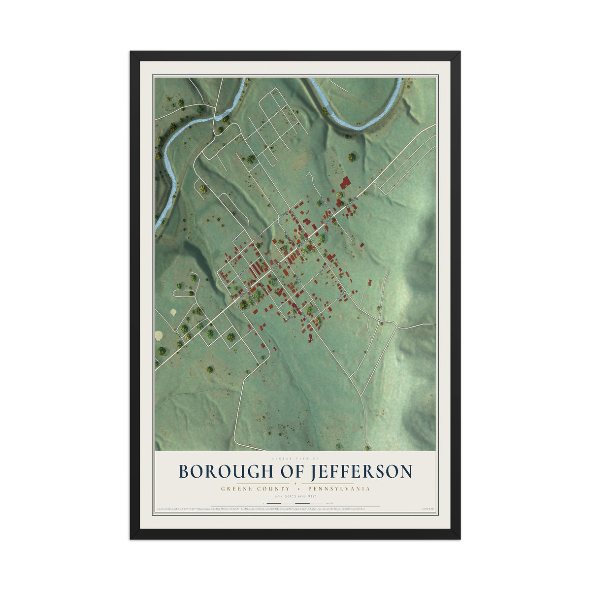 Map of the Borough of Jefferson, Greene County, Pennsylvania, 12 x 18 inch print in a black wood frame