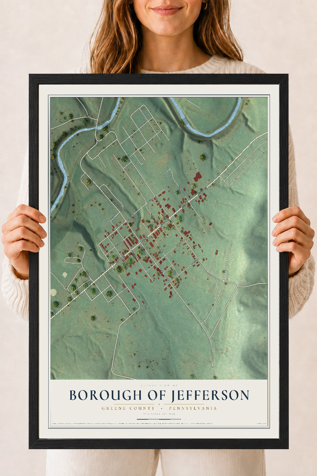 Map of the Borough of Jefferson, Greene County, Pennsylvania, 18 x 24 inch print in a black wood frame