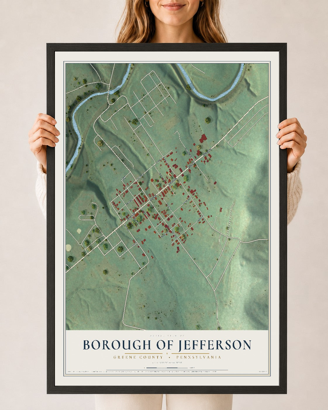 Map of the Borough of Jefferson, Greene County, Pennsylvania, 24 x 36 inch print in a black wood frame