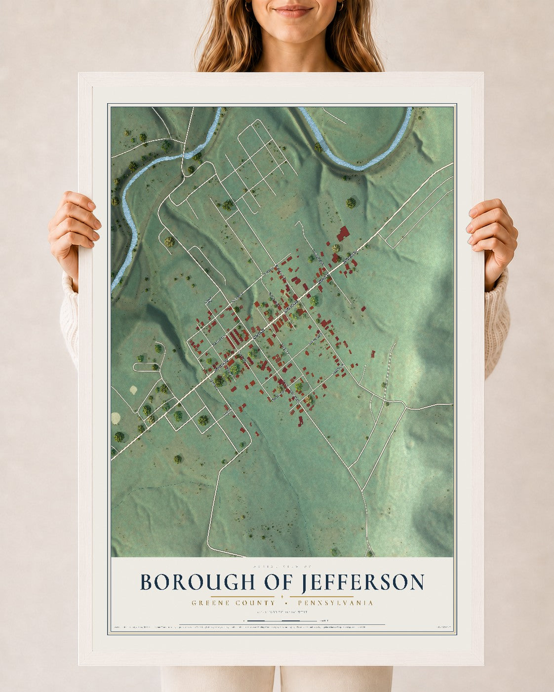 Map of the Borough of Jefferson, Greene County, Pennsylvania, 24 x 36 inch print in a white wood frame
