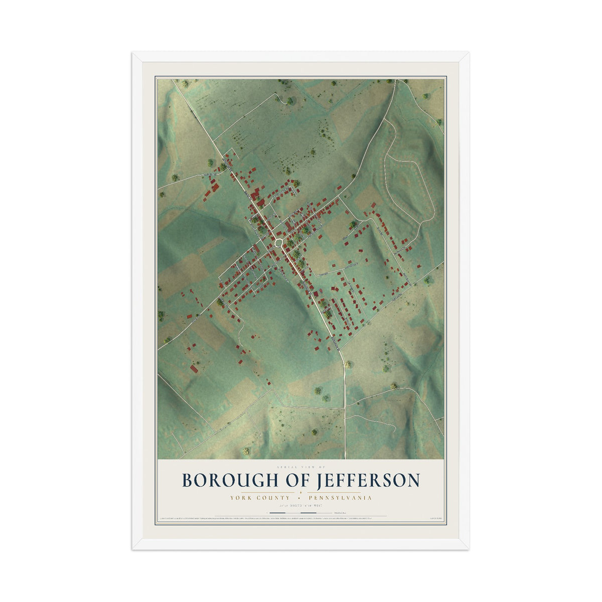 Map of the Borough of Jefferson, York County, Pennsylvania, 12 x 18 inch print in a white wood frame