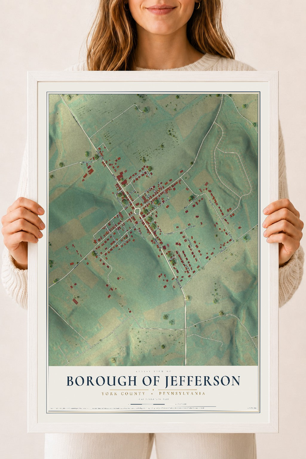 Map of the Borough of Jefferson, York County, Pennsylvania, 18 x 24 inch print in a white wood frame