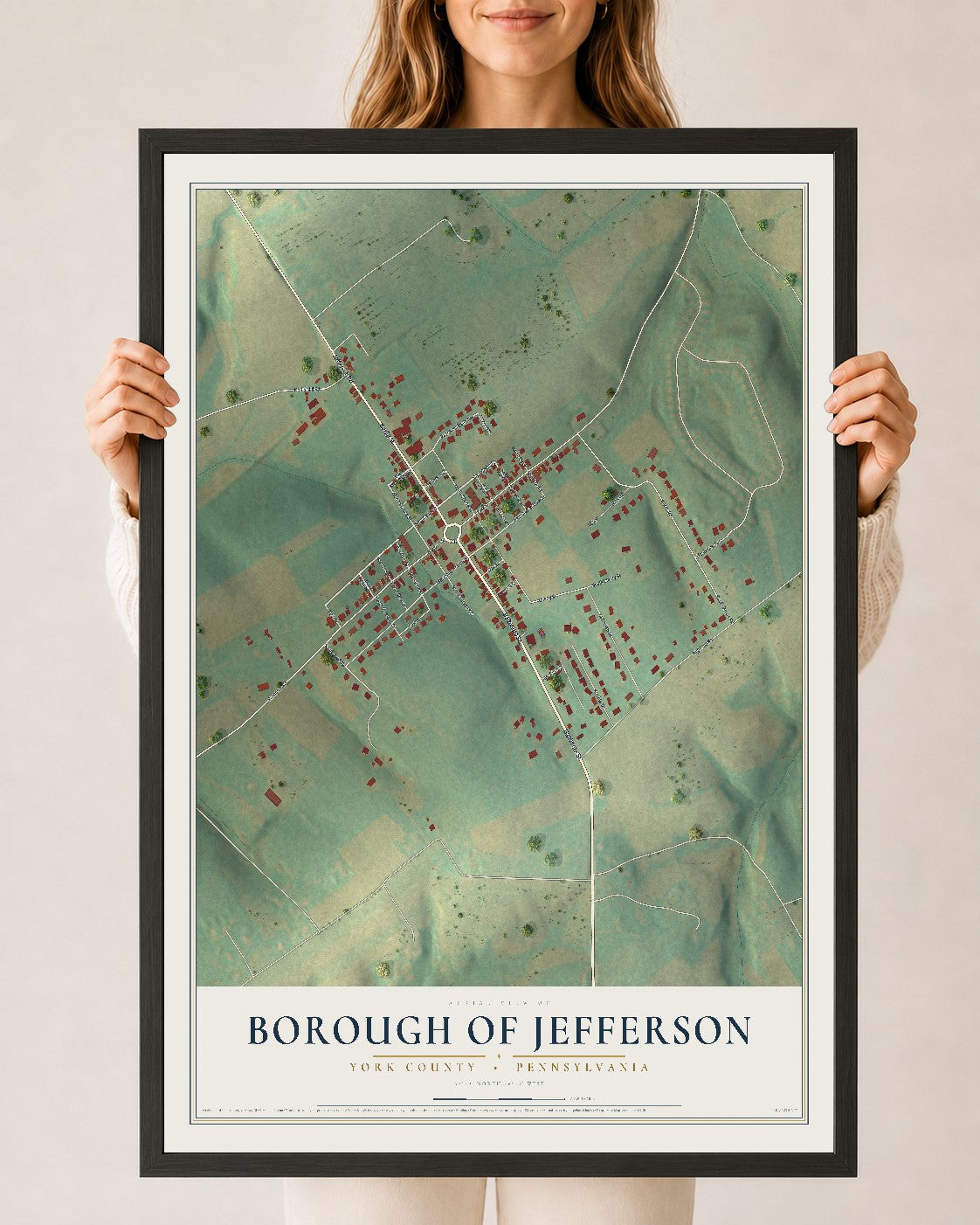 Map of the Borough of Jefferson, York County, Pennsylvania, 24 x 36 inch print in a black wood frame