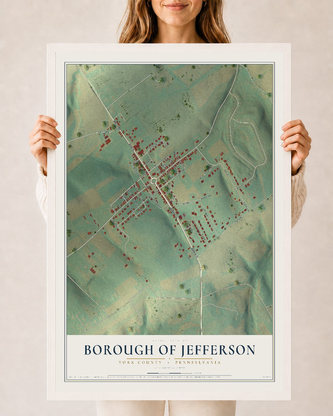 Map of the Borough of Jefferson, York County, Pennsylvania, 24 x 36 inch print in a white wood frame