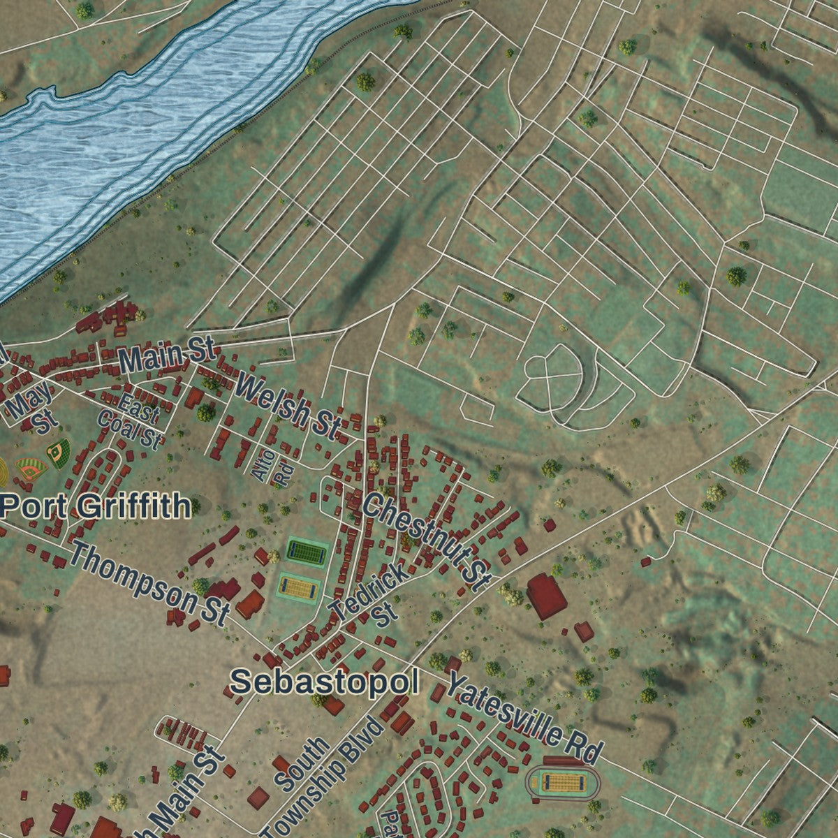 Close-up of the map of Jenkins, Pennsylvania print showing street and building detail