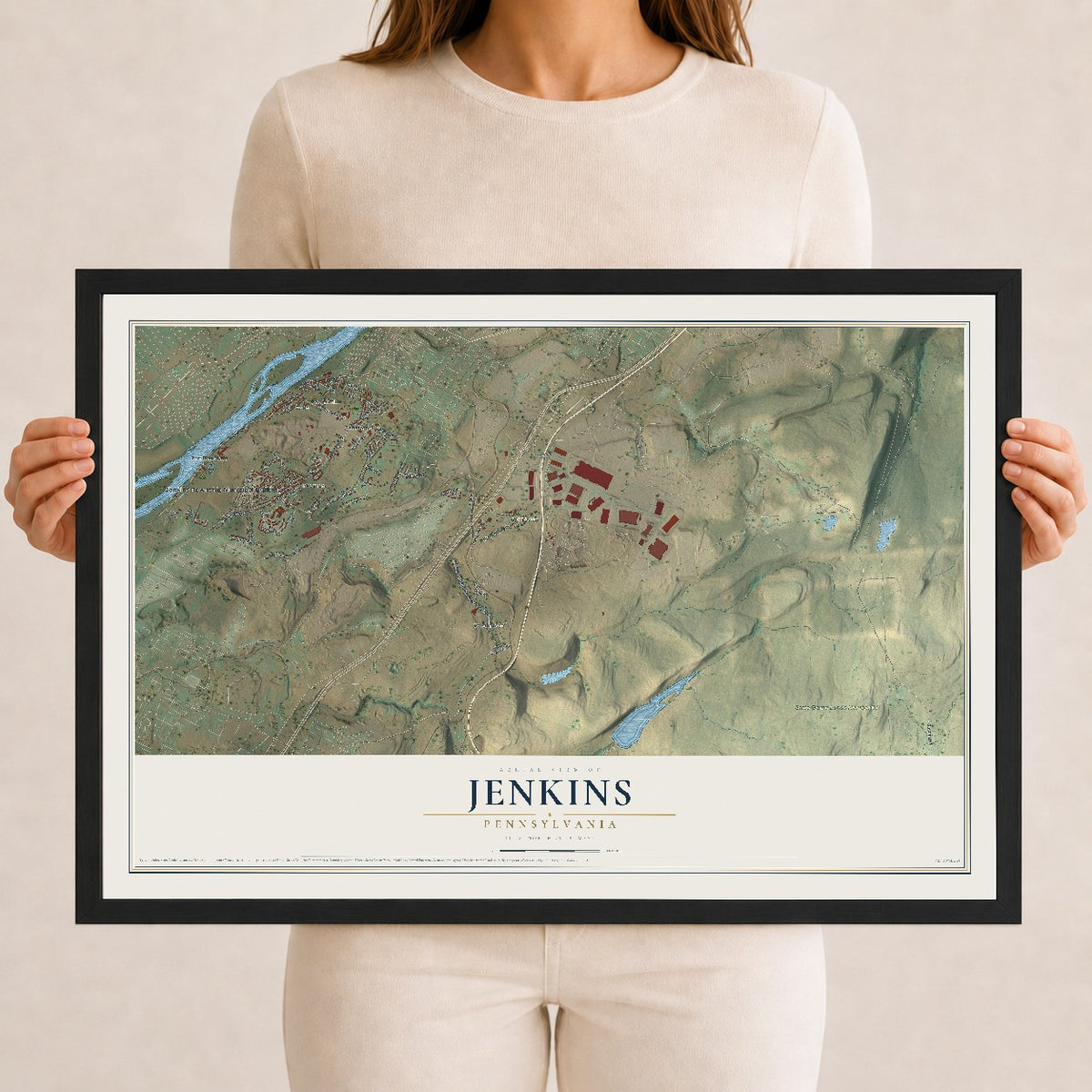 Map of Jenkins, Pennsylvania, 12 x 18 inch print in a black wood frame