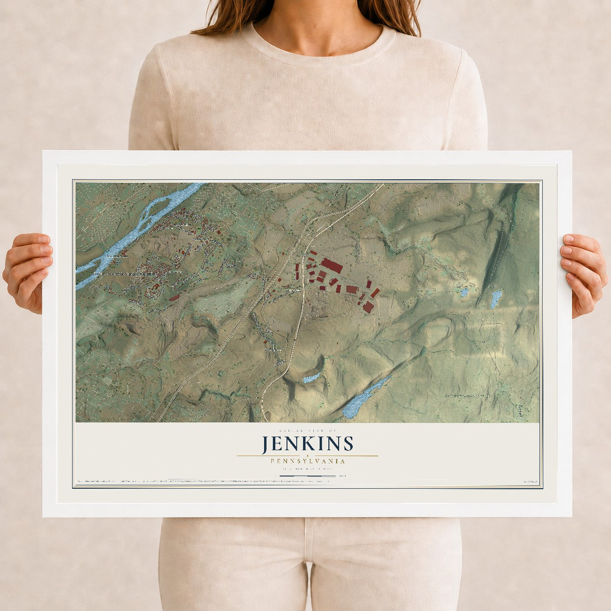 Map of Jenkins, Pennsylvania, 12 x 18 inch print in a white wood frame