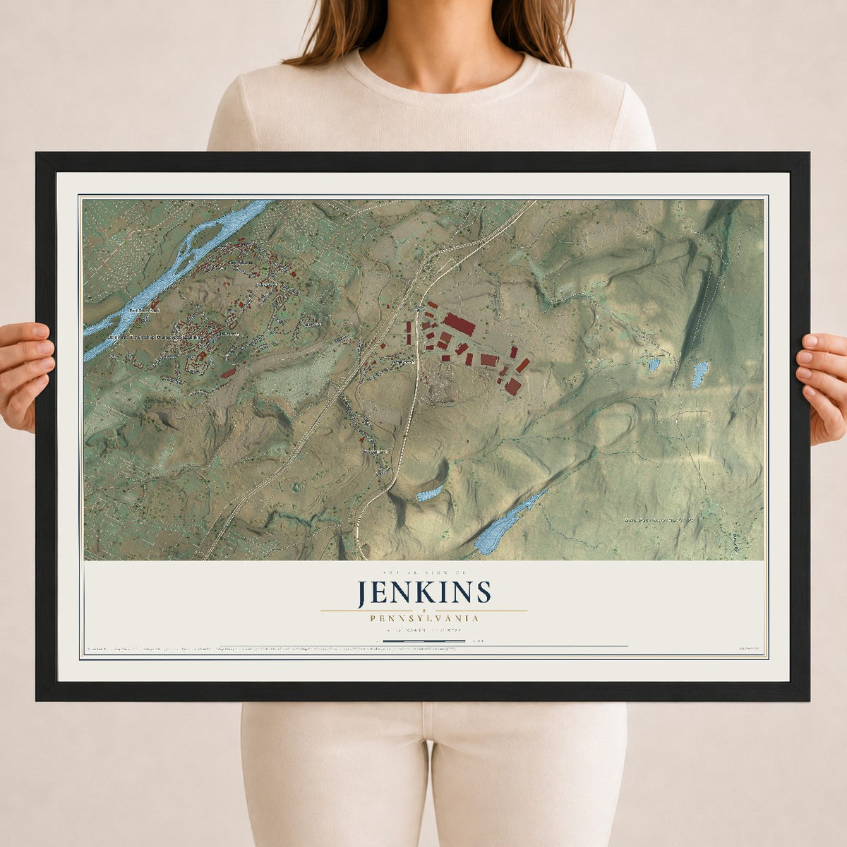 Map of Jenkins, Pennsylvania, 18 x 24 inch print in a black wood frame