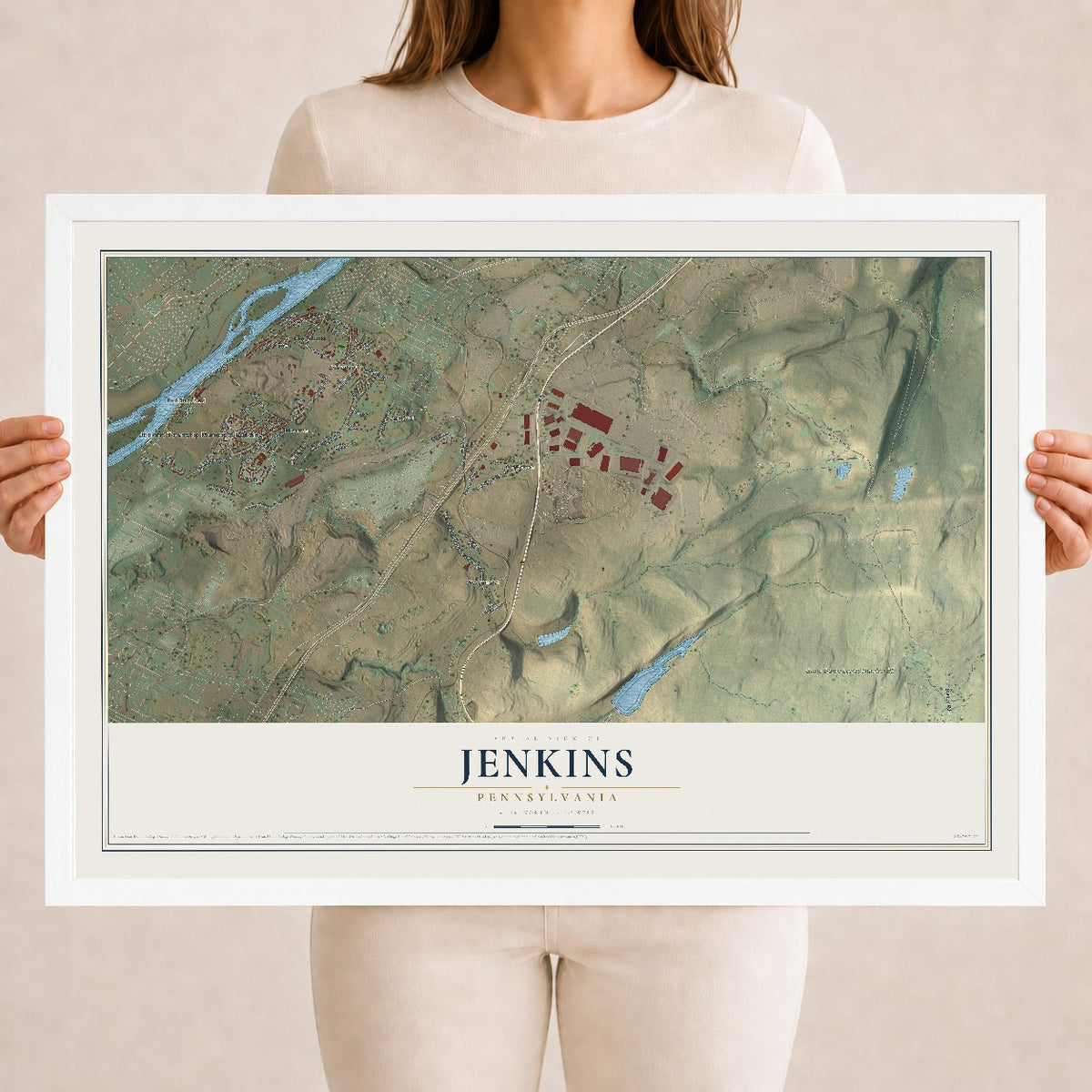Map of Jenkins, Pennsylvania, 18 x 24 inch print in a white wood frame