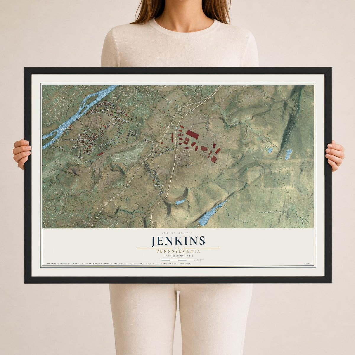 Map of Jenkins, Pennsylvania, 24 x 36 inch print in a black wood frame
