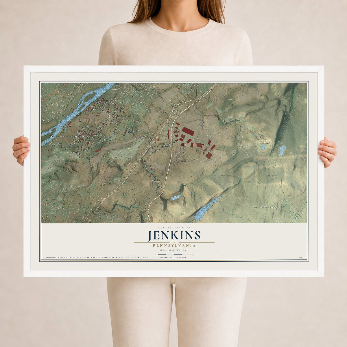 Map of Jenkins, Pennsylvania, 24 x 36 inch print in a white wood frame