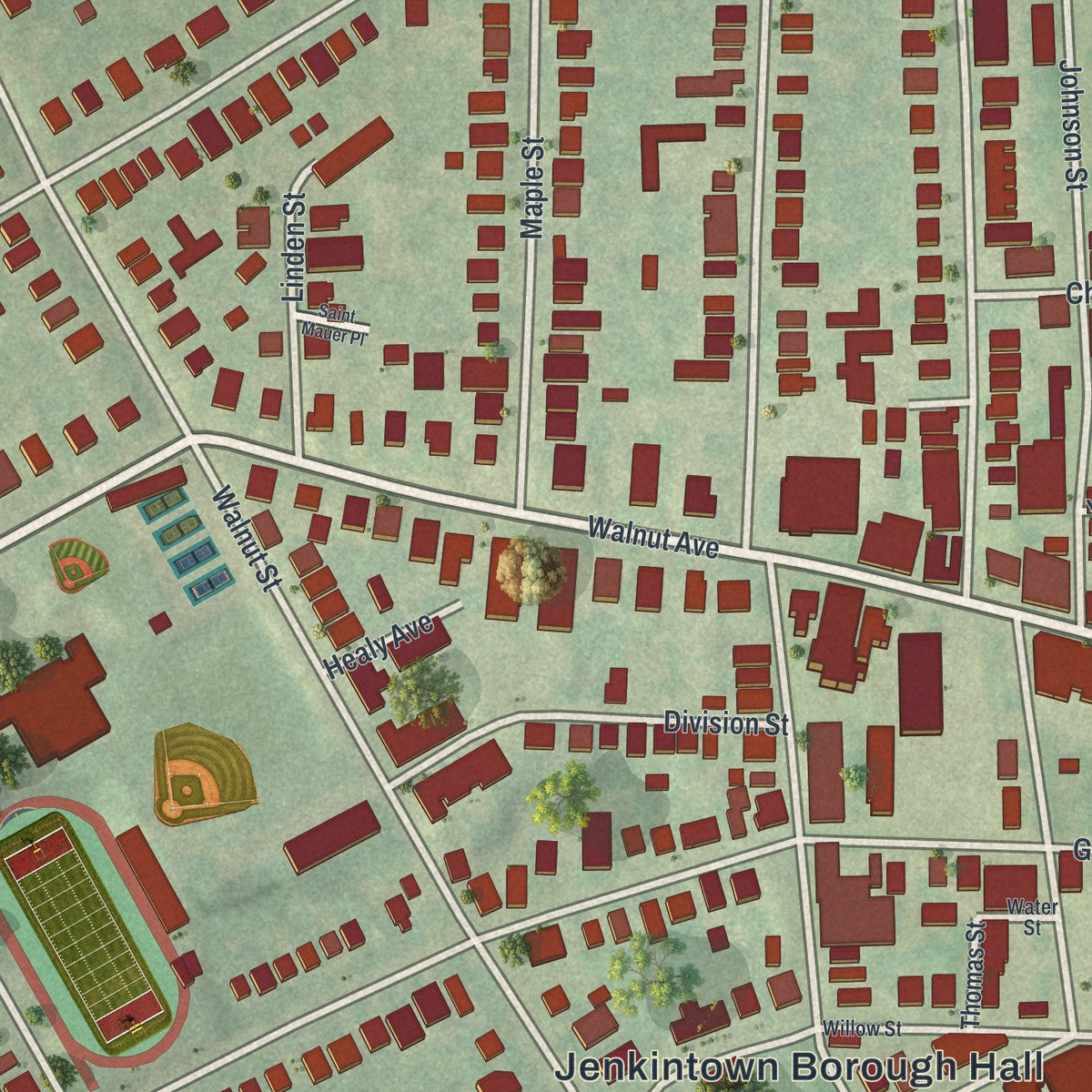 Close-up of the map of Jenkintown, Pennsylvania print showing street and building detail