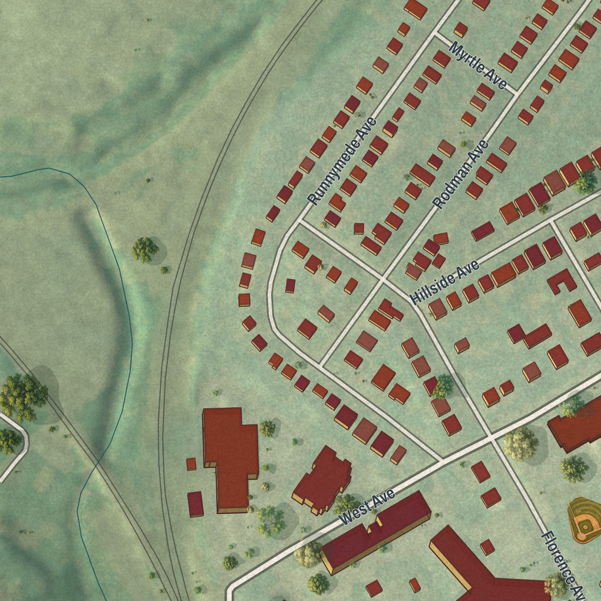 Second close-up of the map of Jenkintown, Pennsylvania print showing more streets and buildings