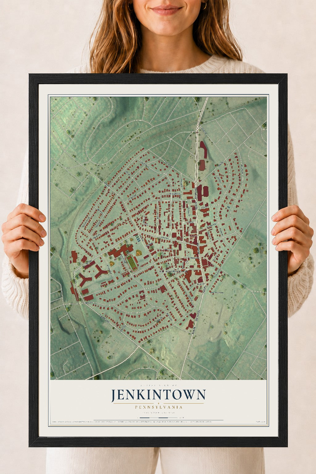 Map of Jenkintown, Pennsylvania, 18 x 24 inch print in a black wood frame