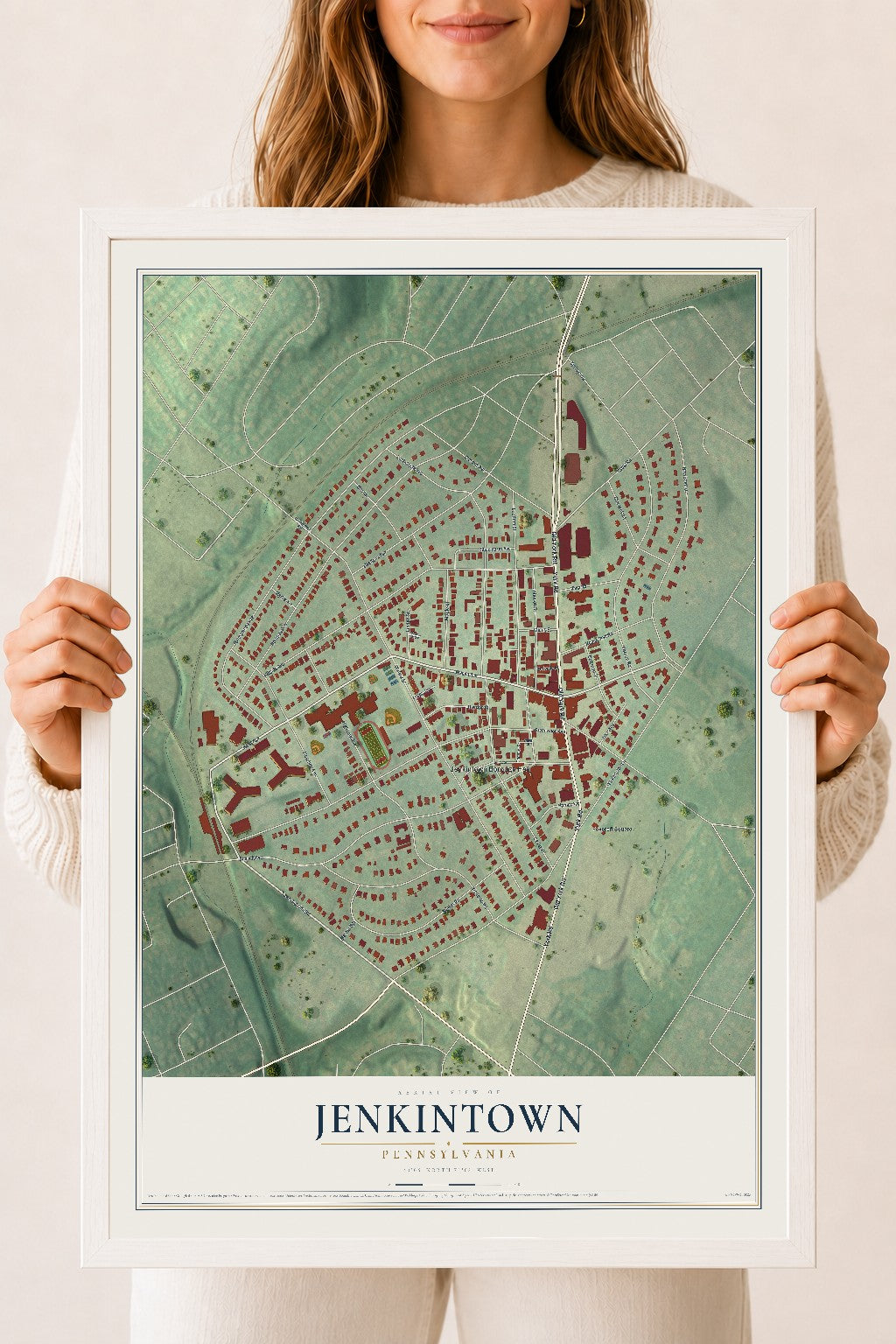 Map of Jenkintown, Pennsylvania, 18 x 24 inch print in a white wood frame