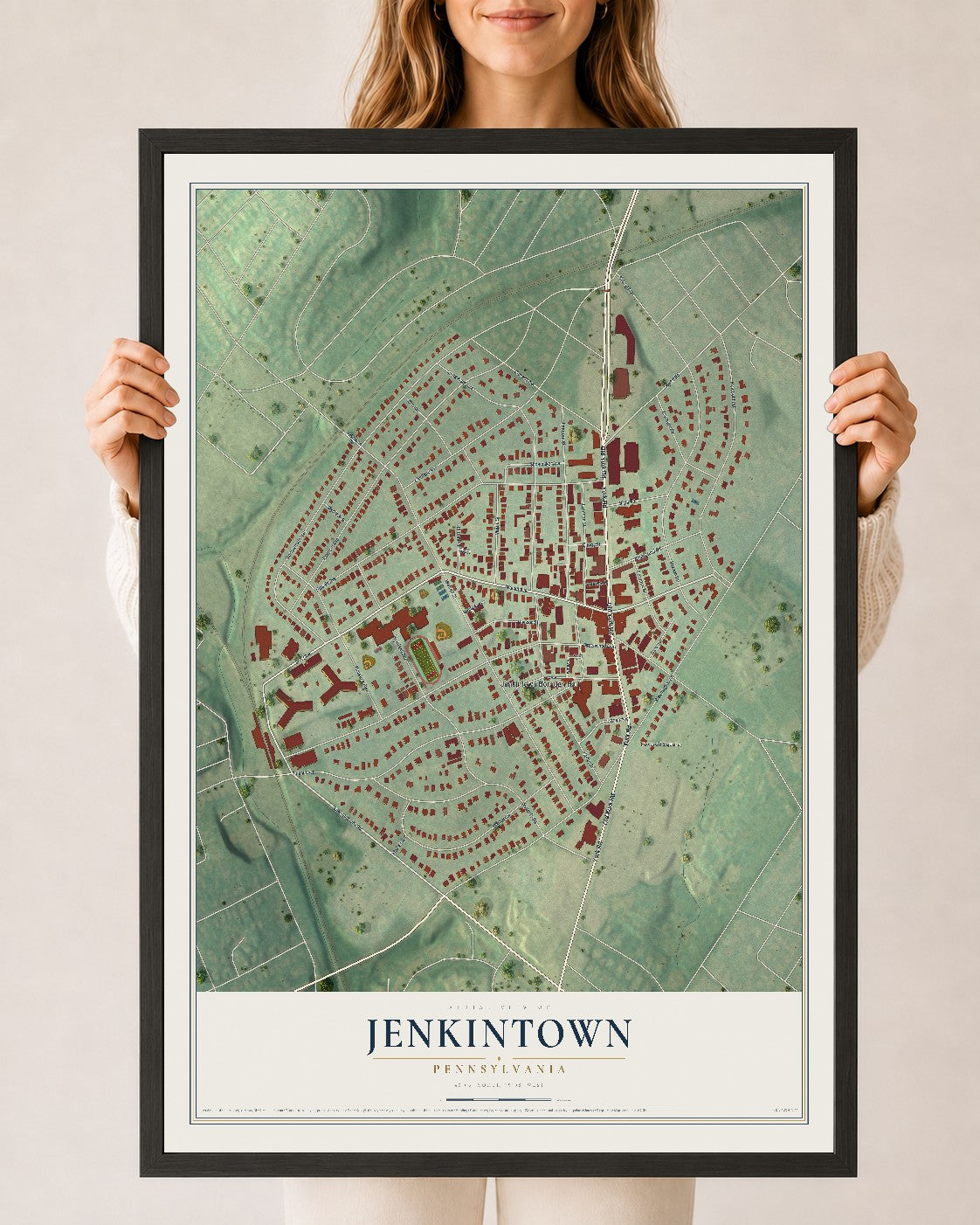 Map of Jenkintown, Pennsylvania, 24 x 36 inch print in a black wood frame
