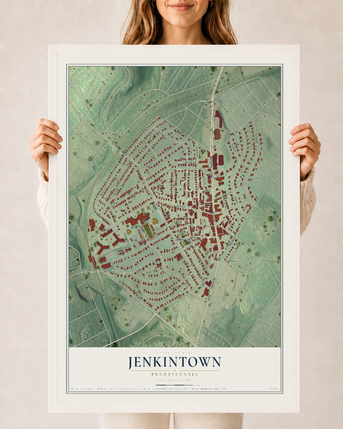 Map of Jenkintown, Pennsylvania, 24 x 36 inch print in a white wood frame