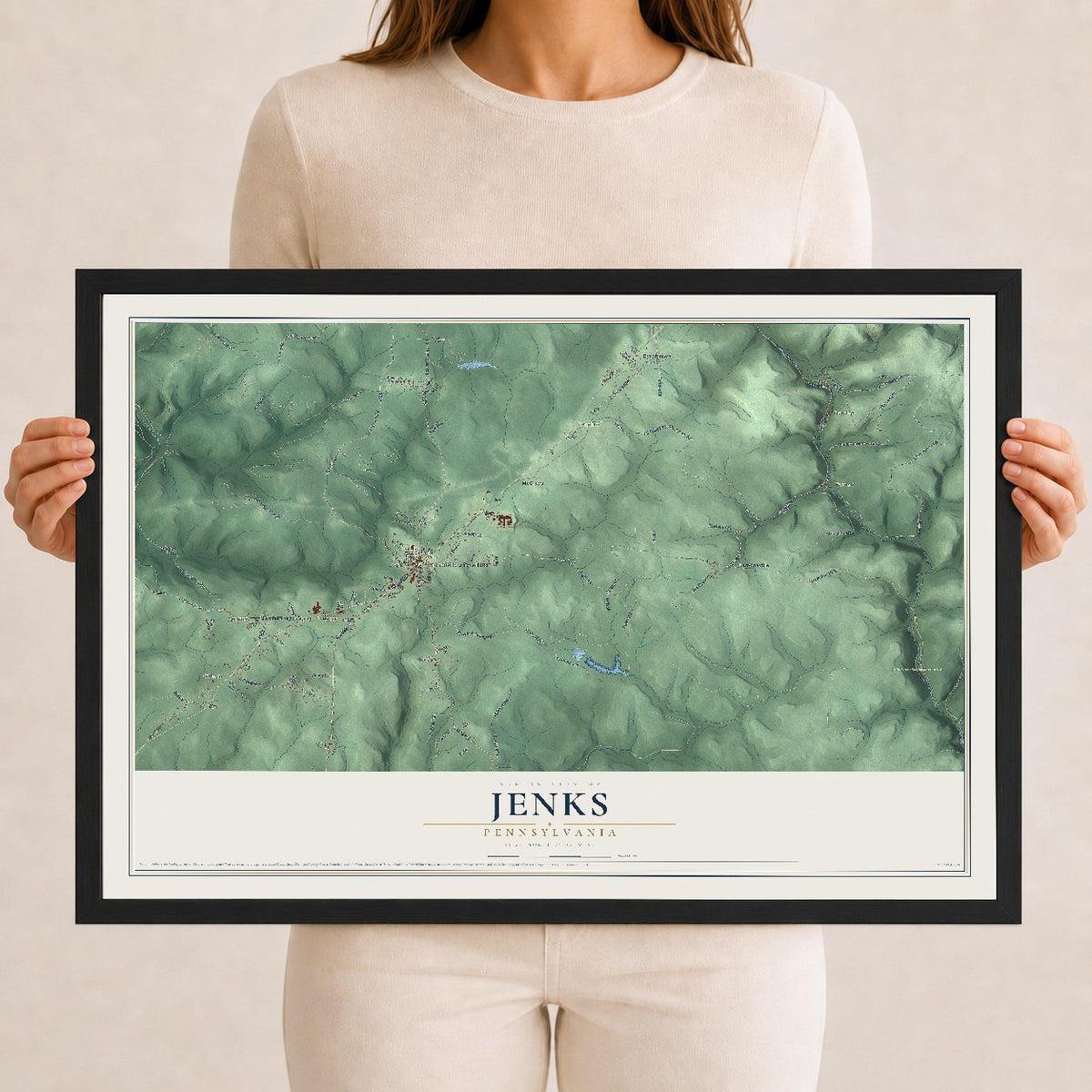 Map of Jenks, Pennsylvania, 12 x 18 inch print in a black wood frame