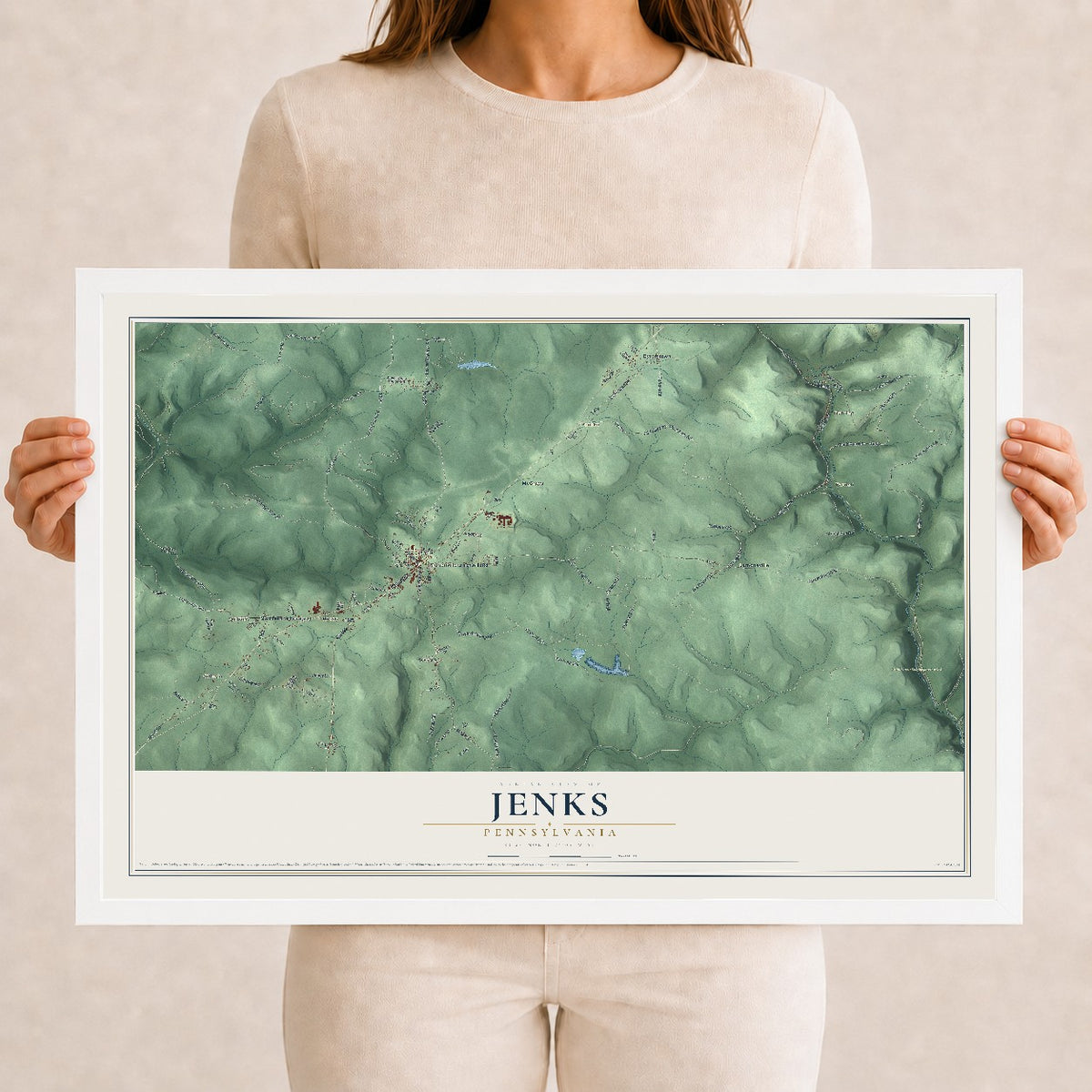 Map of Jenks, Pennsylvania, 12 x 18 inch print in a white wood frame