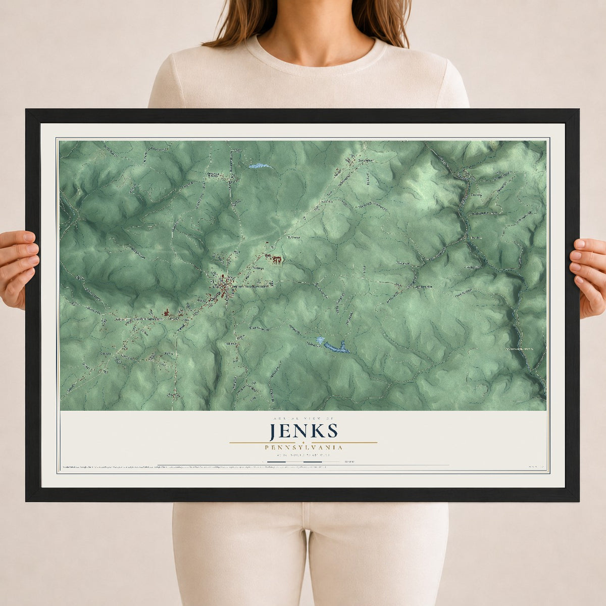 Map of Jenks, Pennsylvania, 18 x 24 inch print in a black wood frame