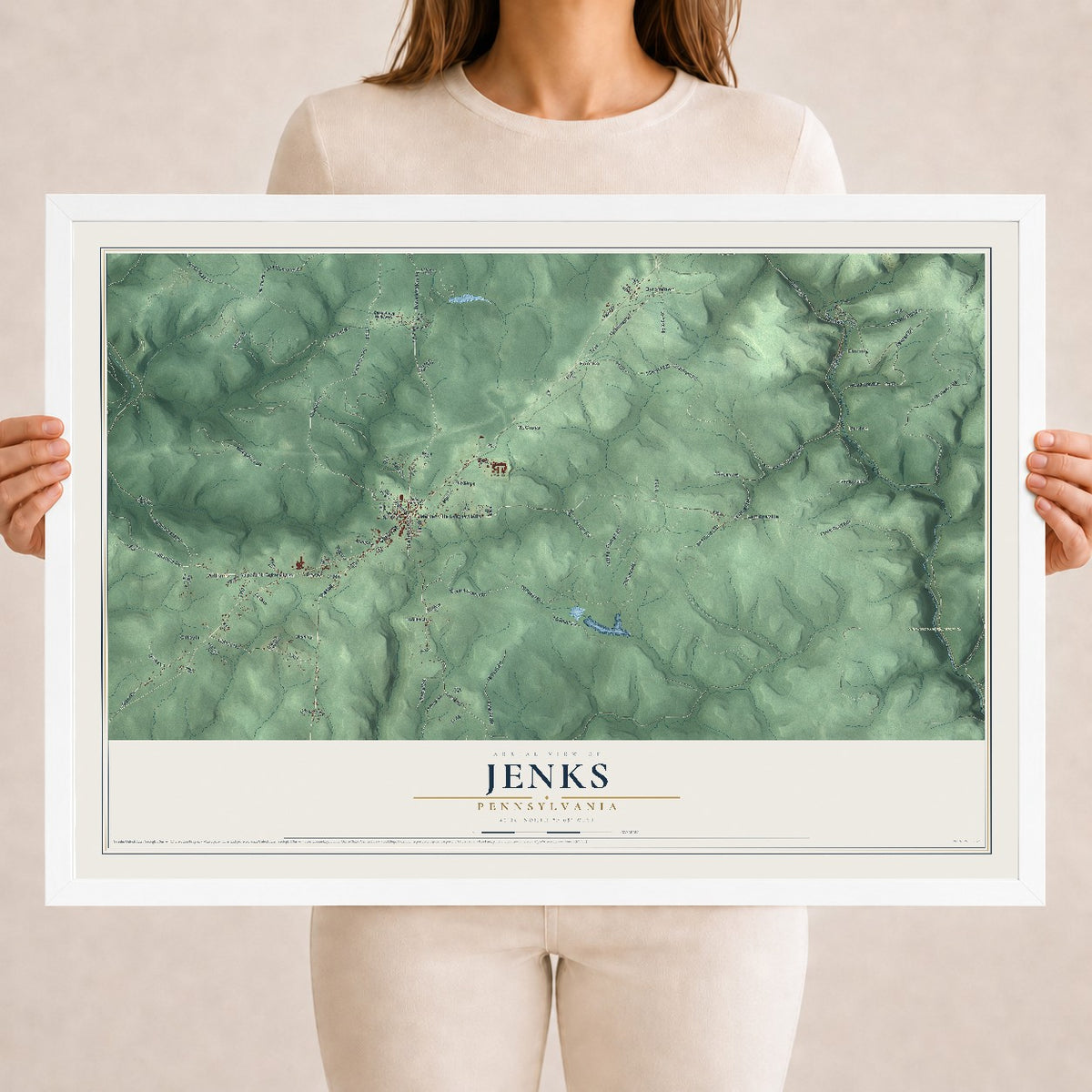 Map of Jenks, Pennsylvania, 18 x 24 inch print in a white wood frame