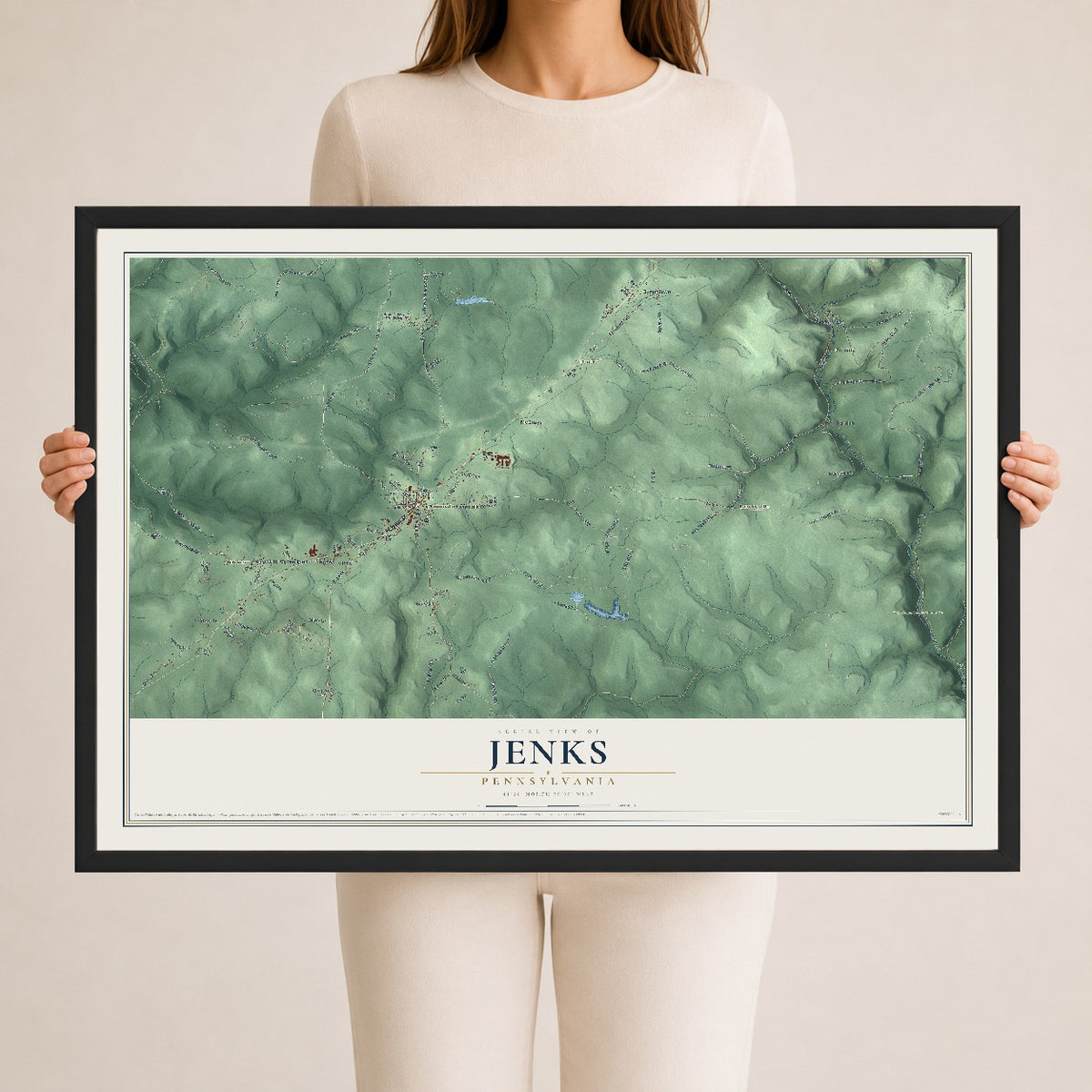Map of Jenks, Pennsylvania, 24 x 36 inch print in a black wood frame