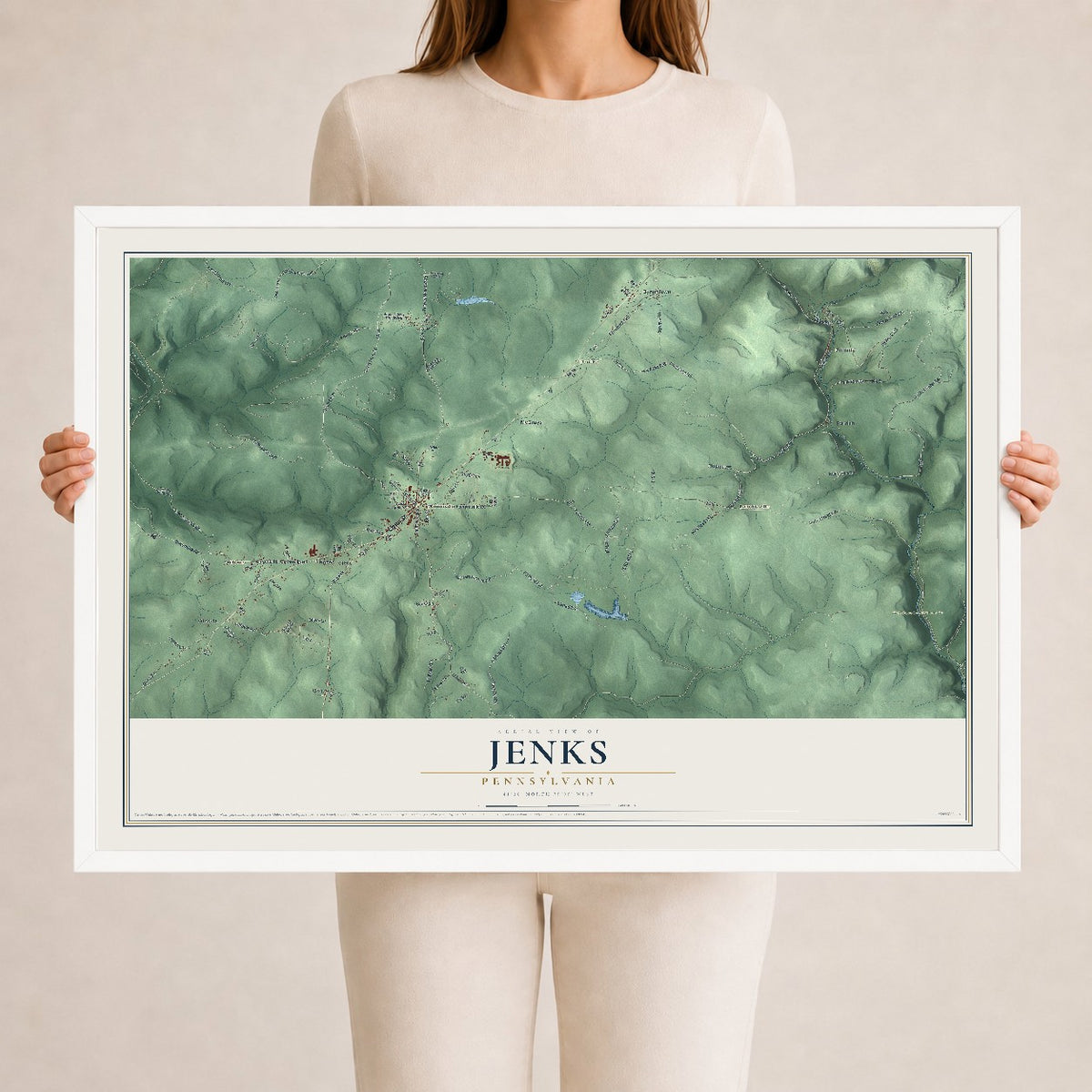 Map of Jenks, Pennsylvania, 24 x 36 inch print in a white wood frame