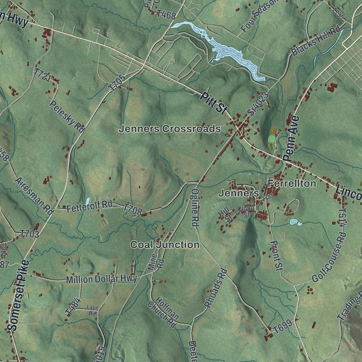 Close-up of the map of Jenner, Pennsylvania print showing street and building detail