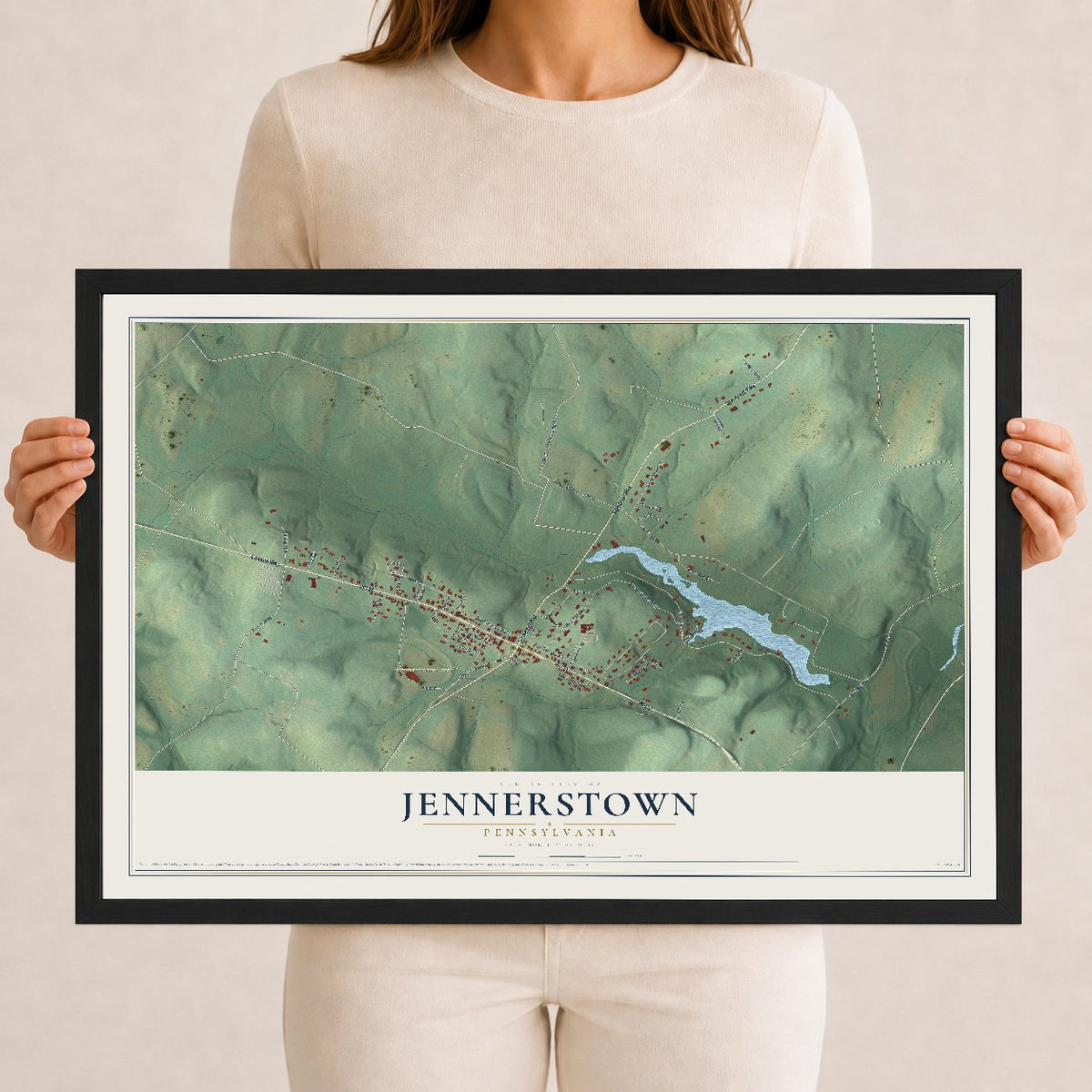 Map of Jennerstown, Pennsylvania, 12 x 18 inch print in a black wood frame