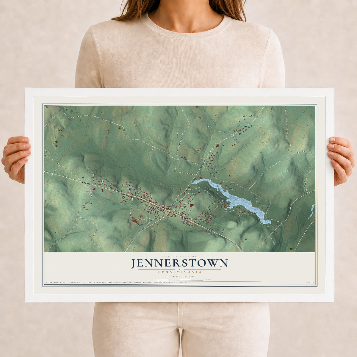 Map of Jennerstown, Pennsylvania, 12 x 18 inch print in a white wood frame