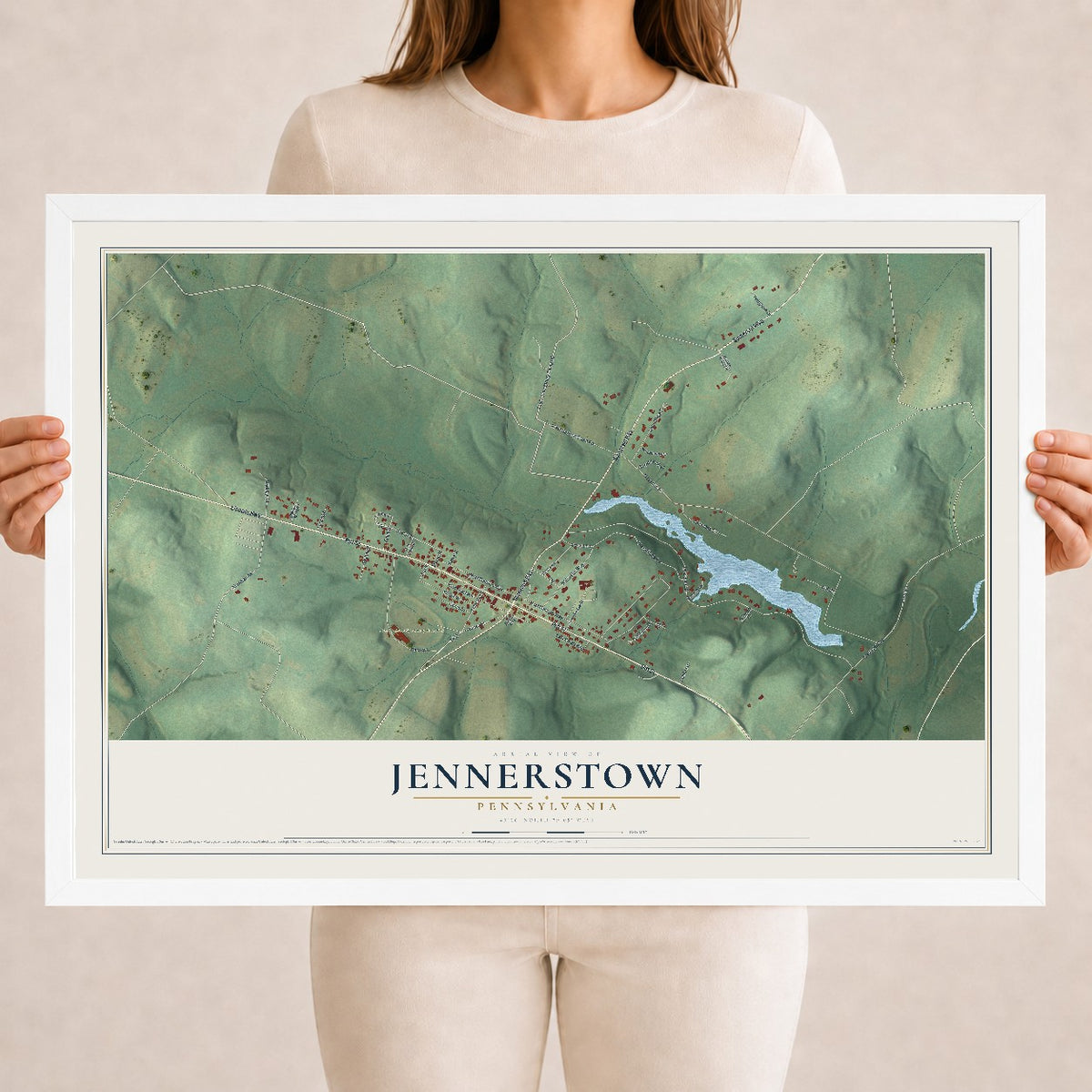 Map of Jennerstown, Pennsylvania, 18 x 24 inch print in a white wood frame