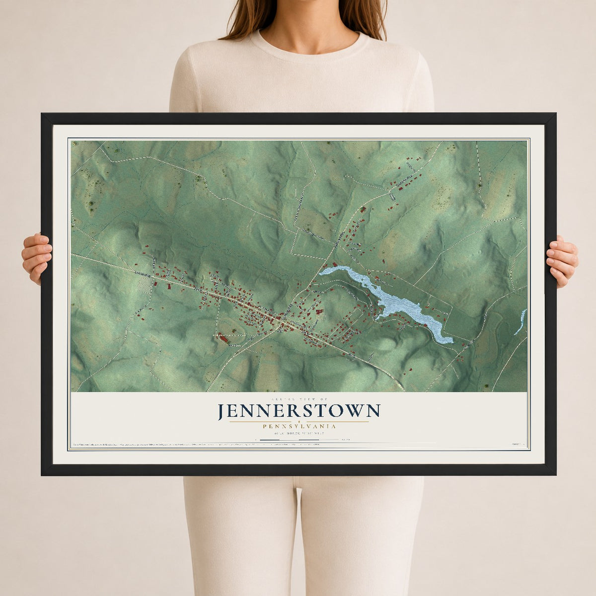 Map of Jennerstown, Pennsylvania, 24 x 36 inch print in a black wood frame