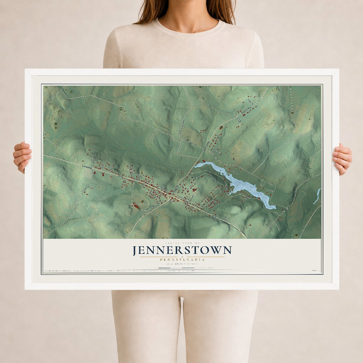 Map of Jennerstown, Pennsylvania, 24 x 36 inch print in a white wood frame
