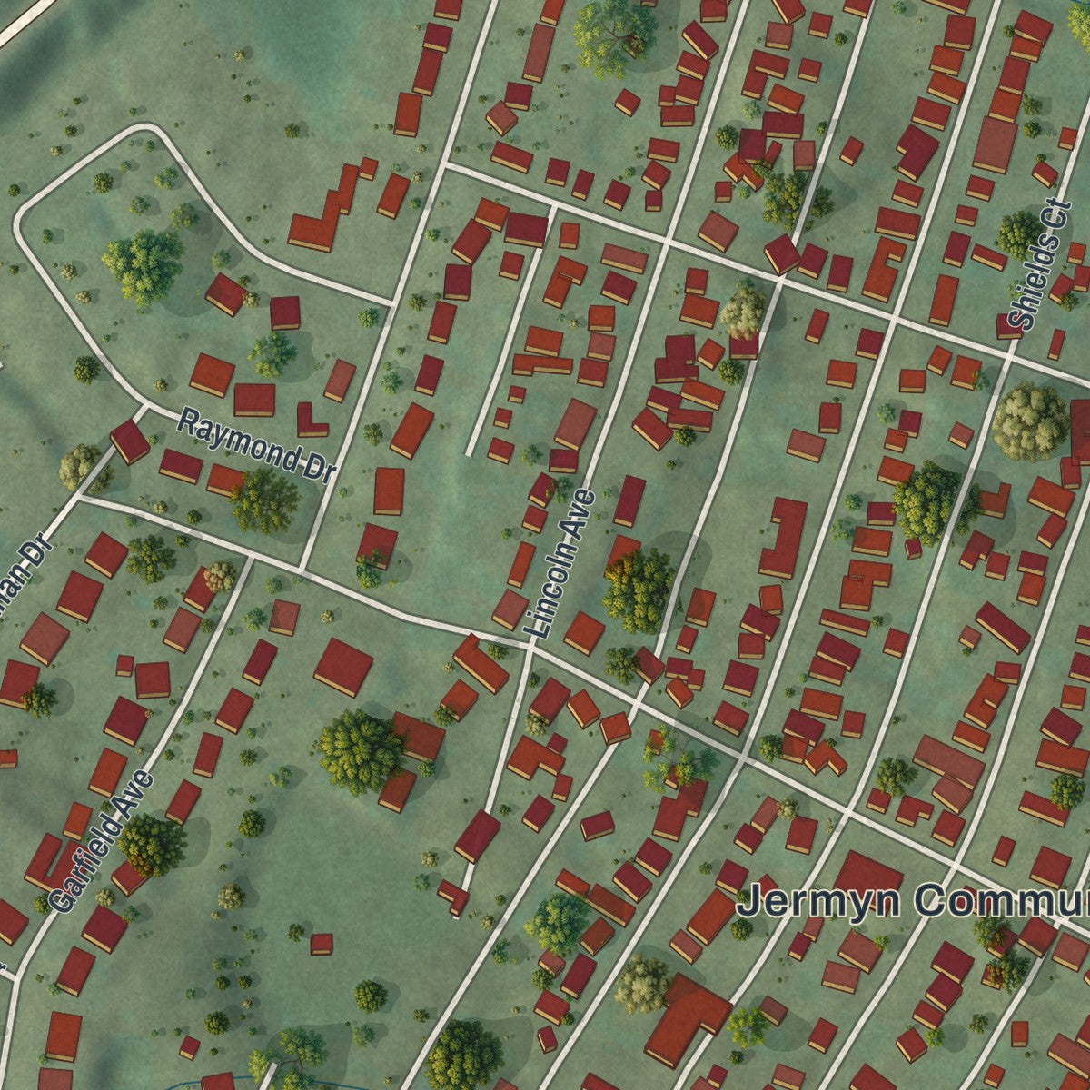 Close-up of the map of Jermyn, Pennsylvania print showing street and building detail