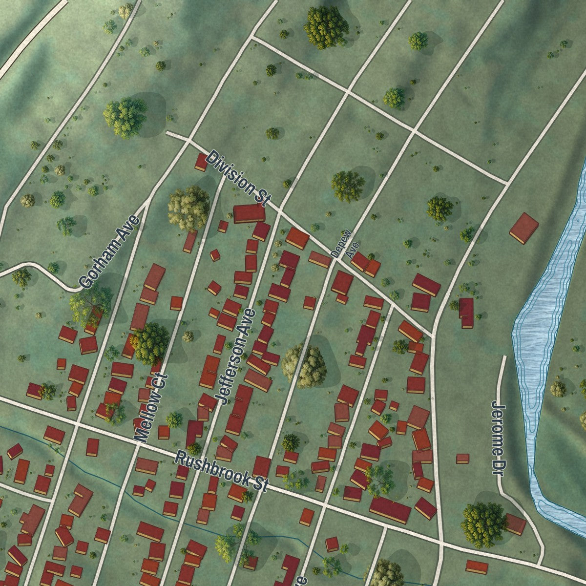 Second close-up of the map of Jermyn, Pennsylvania print showing more streets and buildings