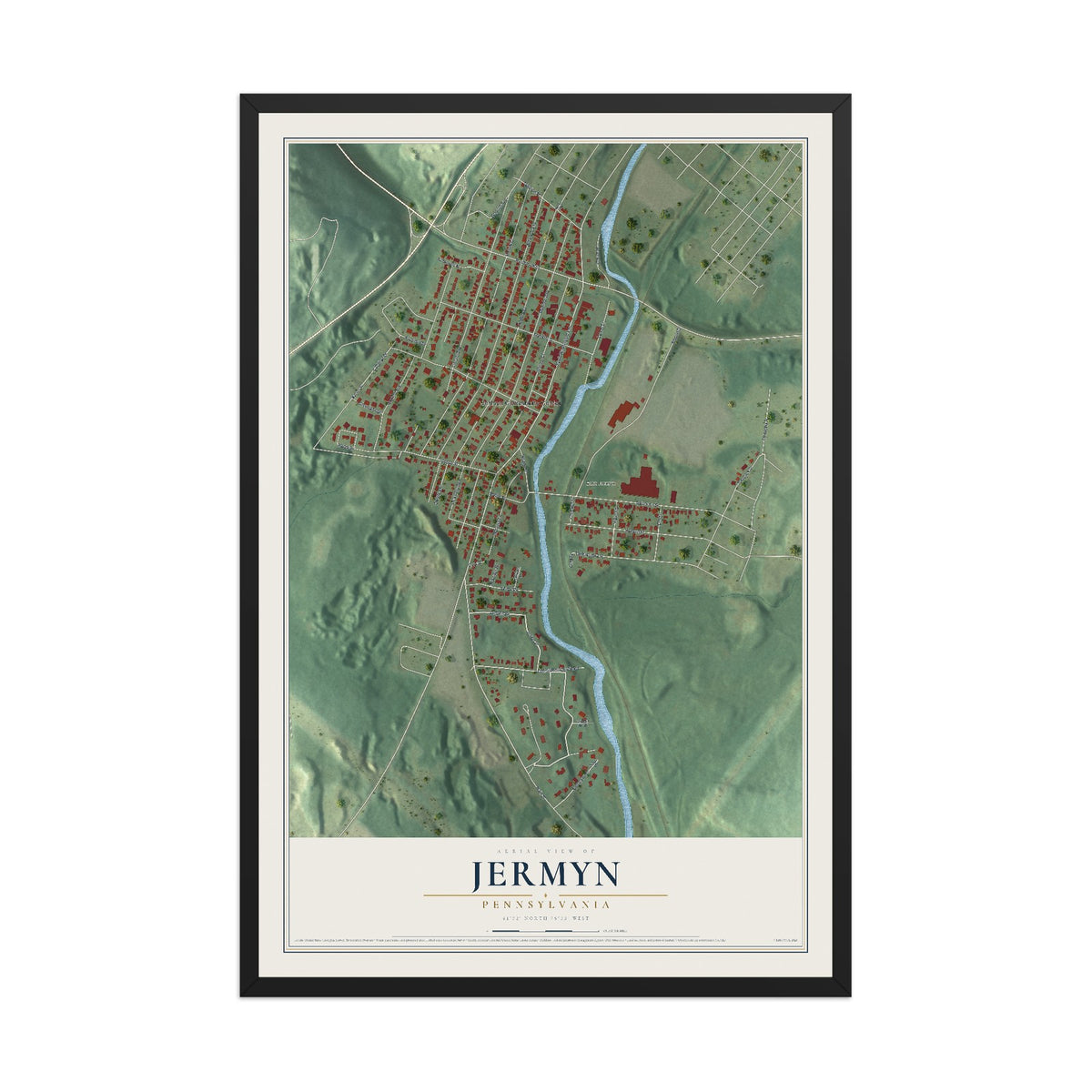 Map of Jermyn, Pennsylvania, 12 x 18 inch print in a black wood frame