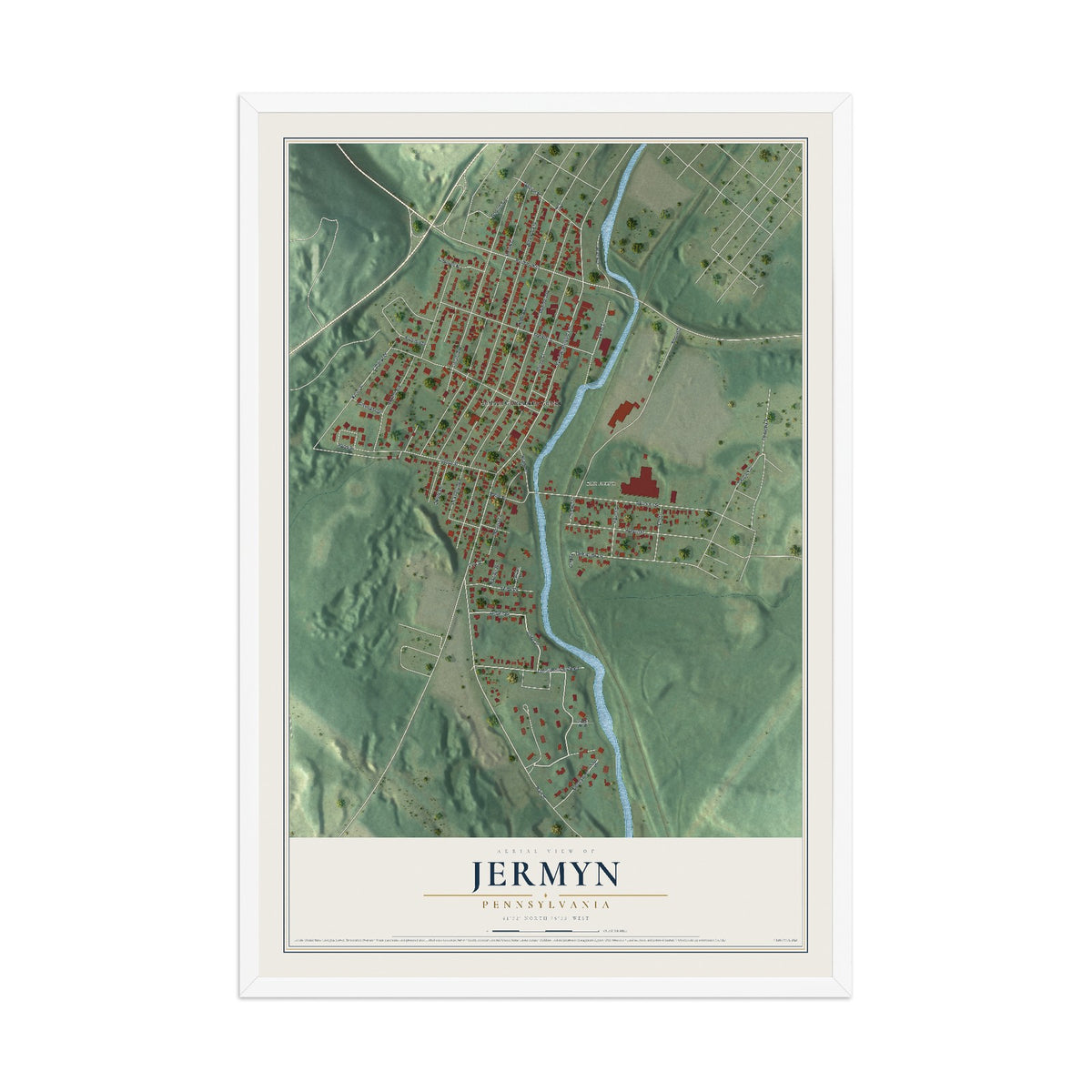 Map of Jermyn, Pennsylvania, 12 x 18 inch print in a white wood frame