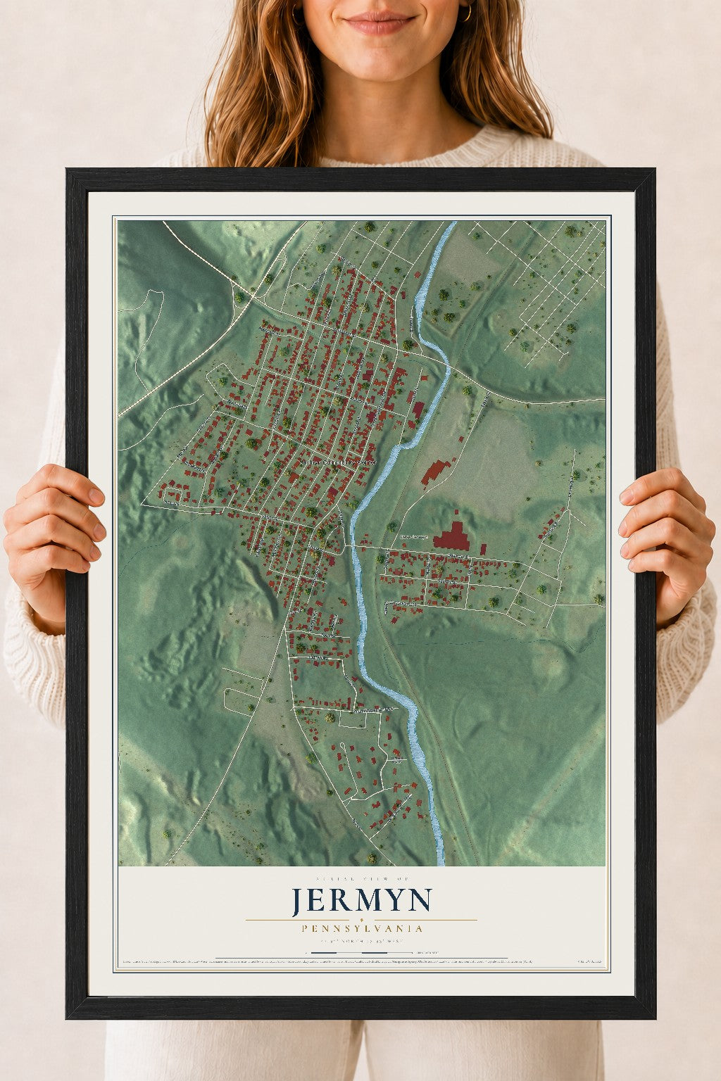 Map of Jermyn, Pennsylvania, 18 x 24 inch print in a black wood frame