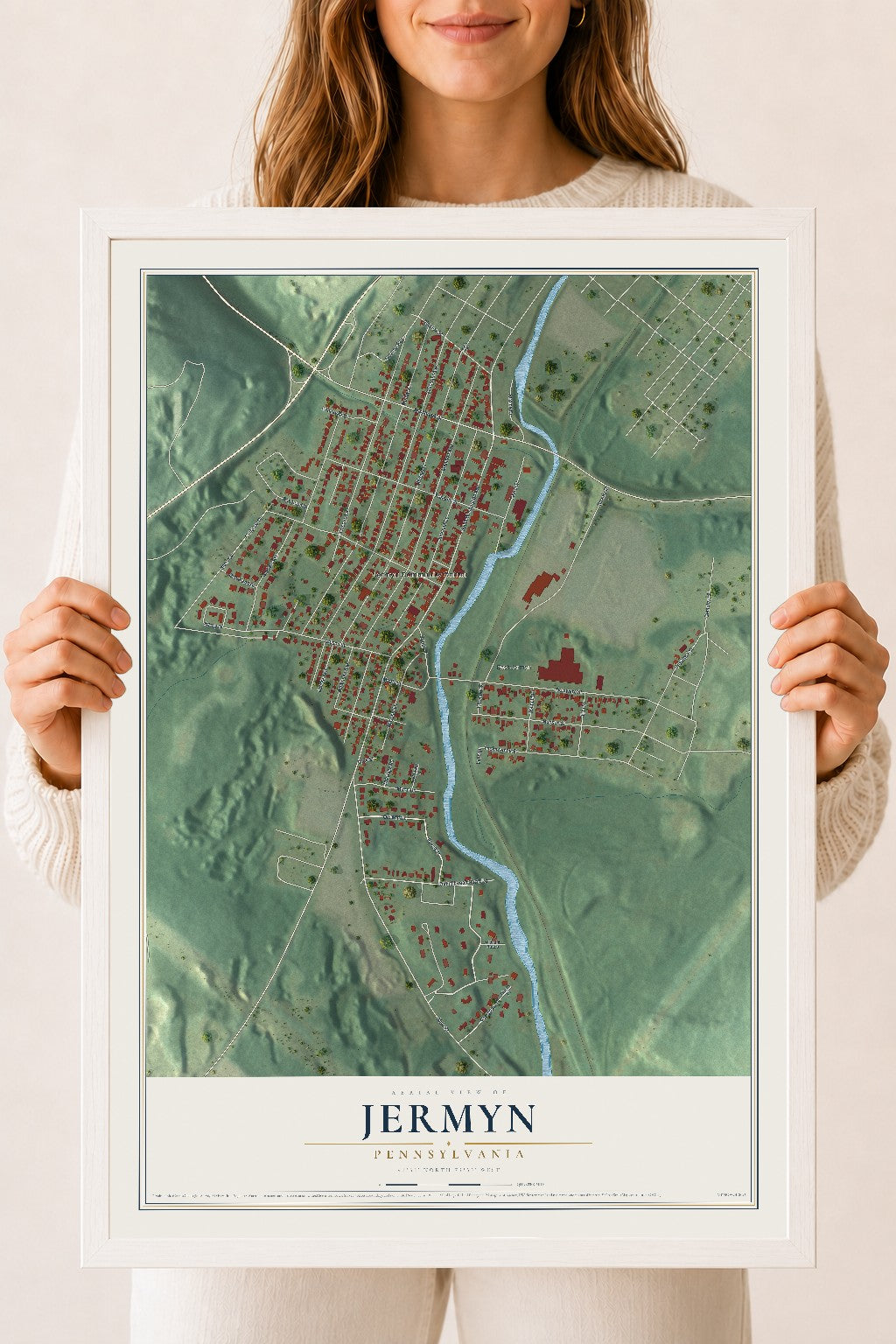 Map of Jermyn, Pennsylvania, 18 x 24 inch print in a white wood frame