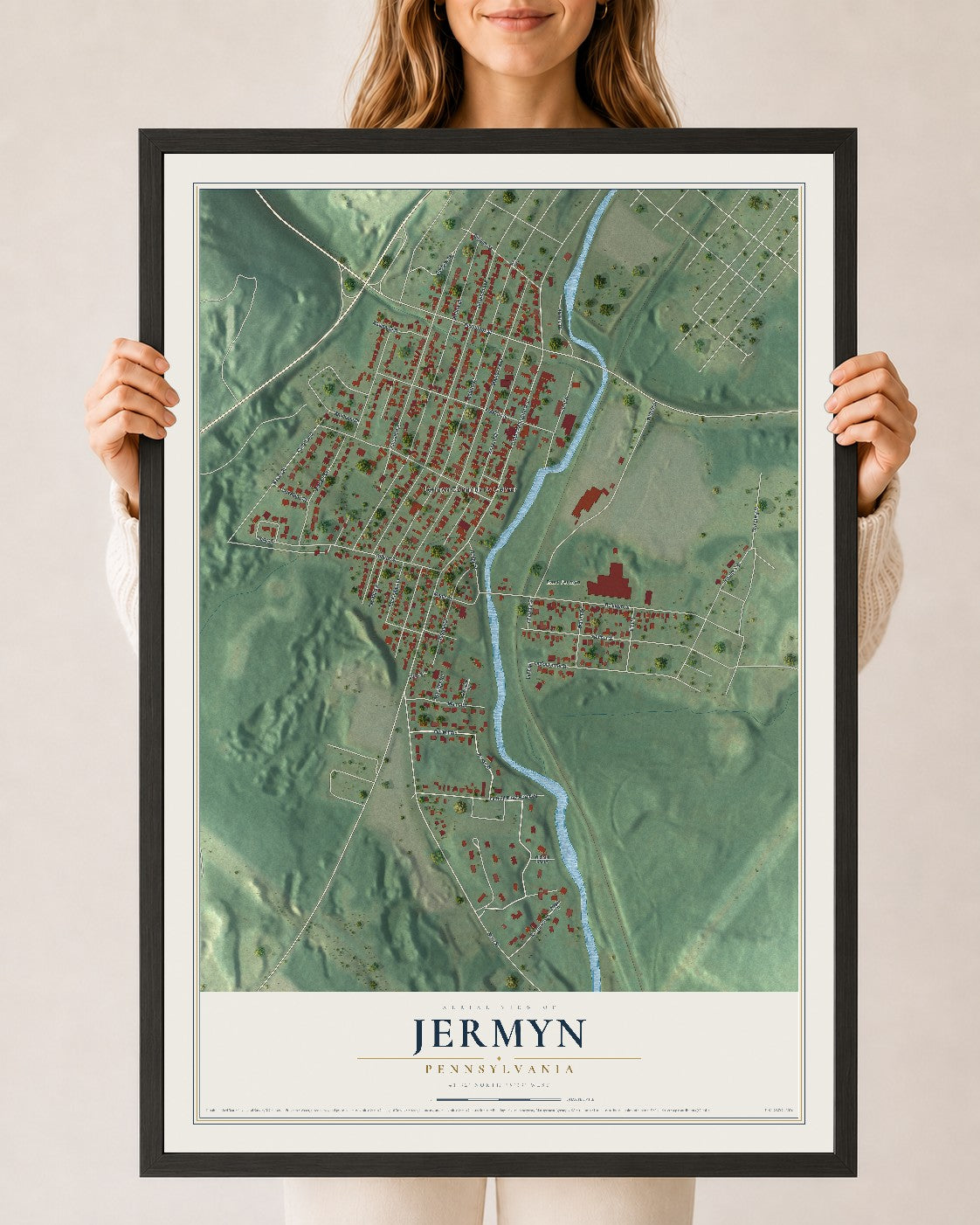 Map of Jermyn, Pennsylvania, 24 x 36 inch print in a black wood frame