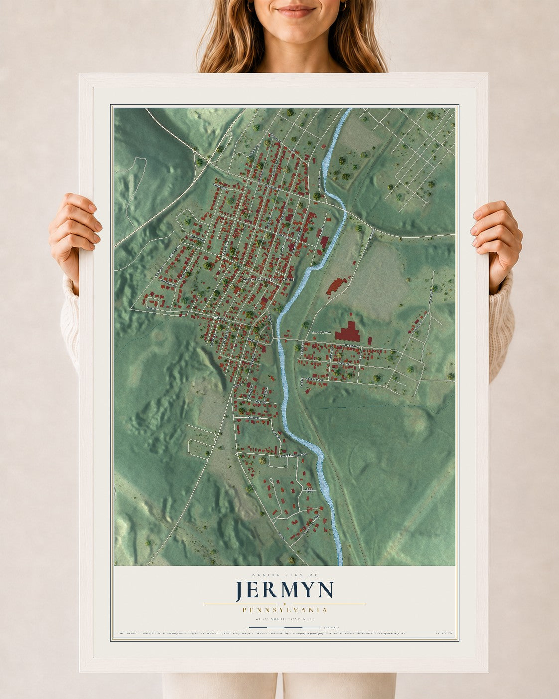 Map of Jermyn, Pennsylvania, 24 x 36 inch print in a white wood frame