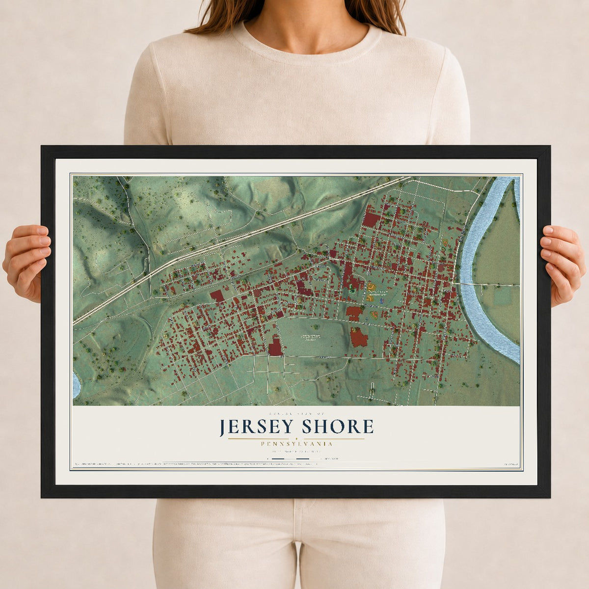 Map of Jersey Shore, Pennsylvania, 12 x 18 inch print in a black wood frame