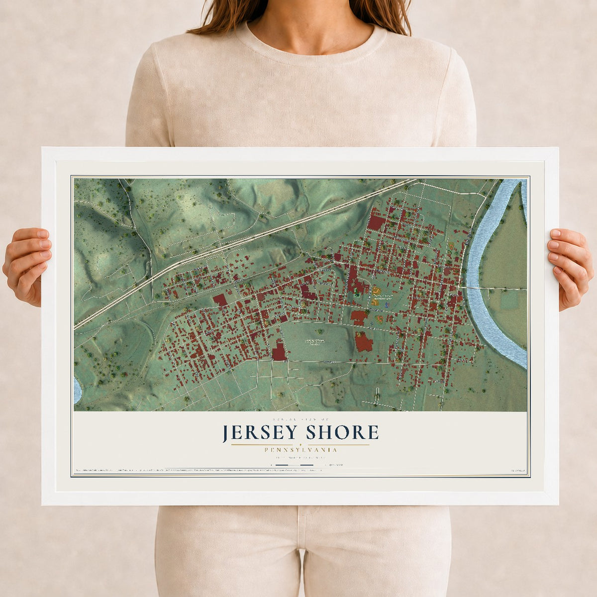 Map of Jersey Shore, Pennsylvania, 12 x 18 inch print in a white wood frame